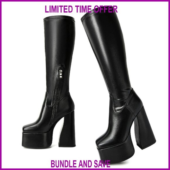 Shoes - Knee High Platform Boots Chunky Heel Side Zipper Stretch PU Size 8